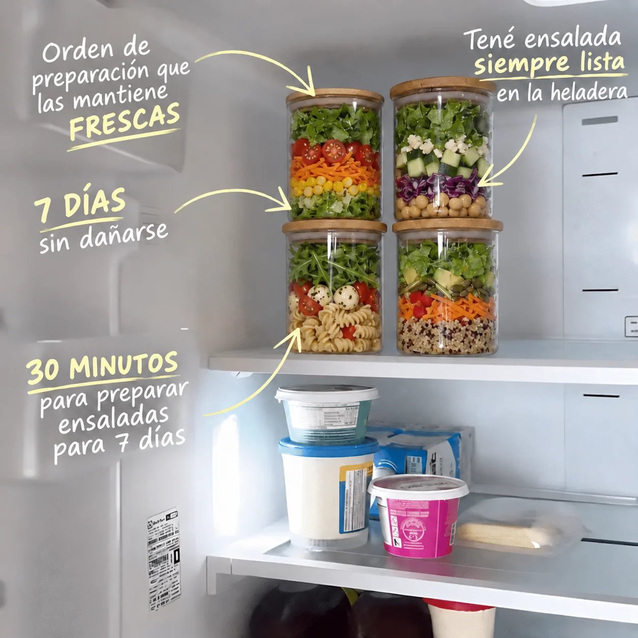 Ensaladas en frasco listas en la heladera